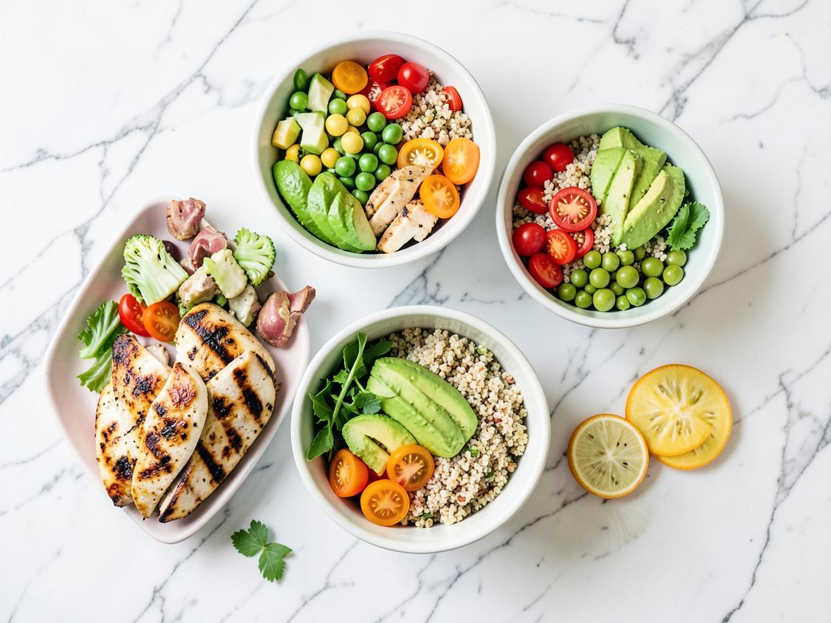 Healthy meal-prep bowls with chicken, avocado and fresh vegetables